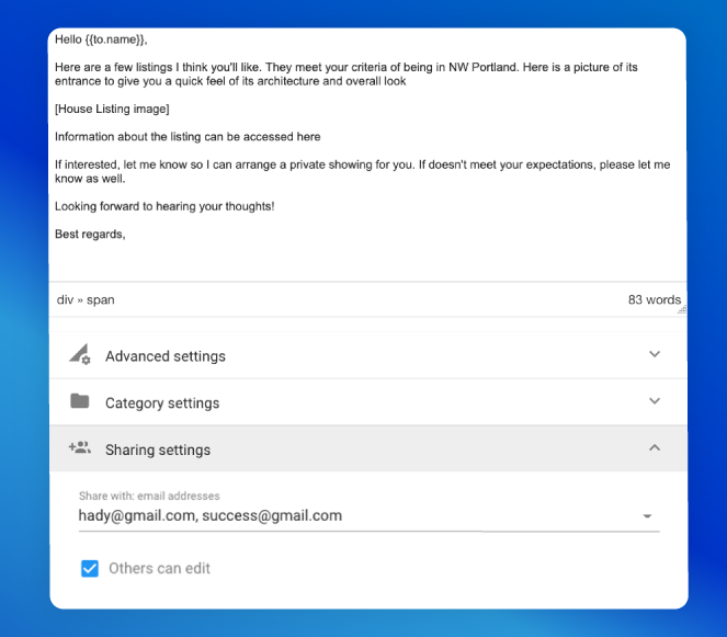 Image of Gmelius dashboard showing email template with sharing and assigning features.