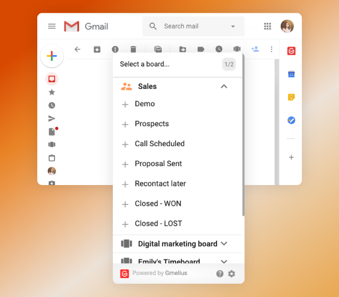 Image showing Gmelius adding emails to Kanban boards with one click.
