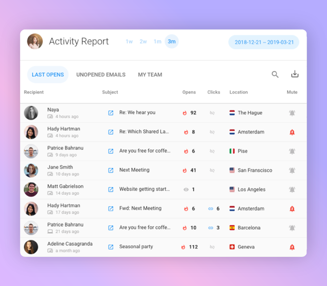 Gmelius feature showing email tracking activity report.