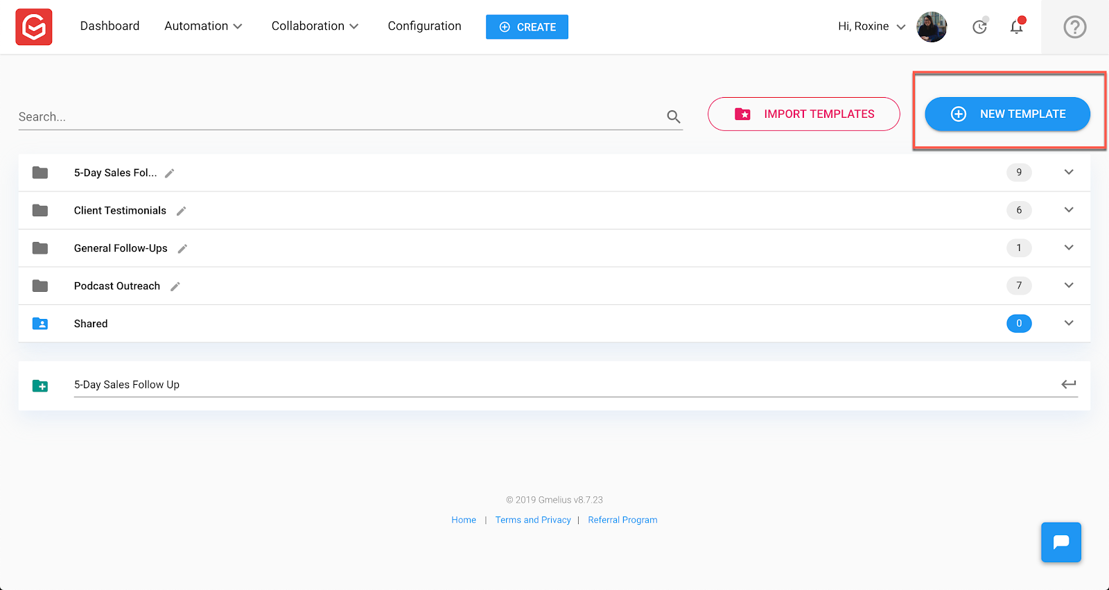 Email Automation: Select "New Template" in the top right to create a new template.