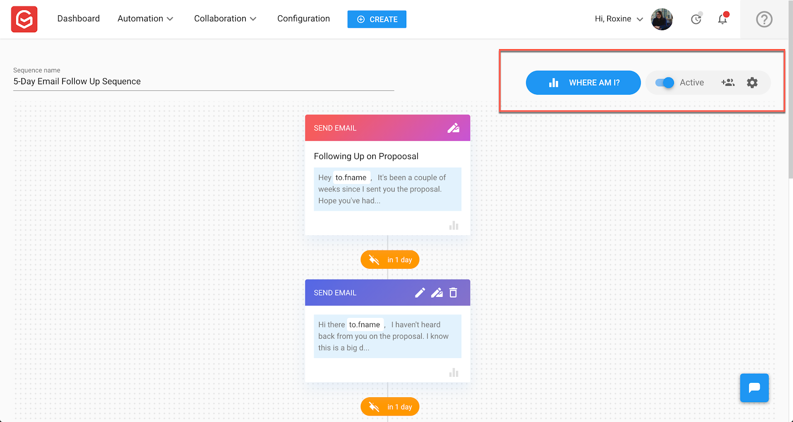 The Gmelius dashboard: "Where am I" allows you to see where each lead is in a sequence.