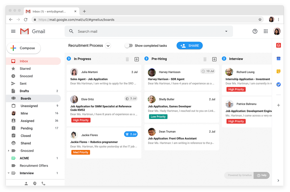 Team collaboration tools: Gmelius Kanban Boards