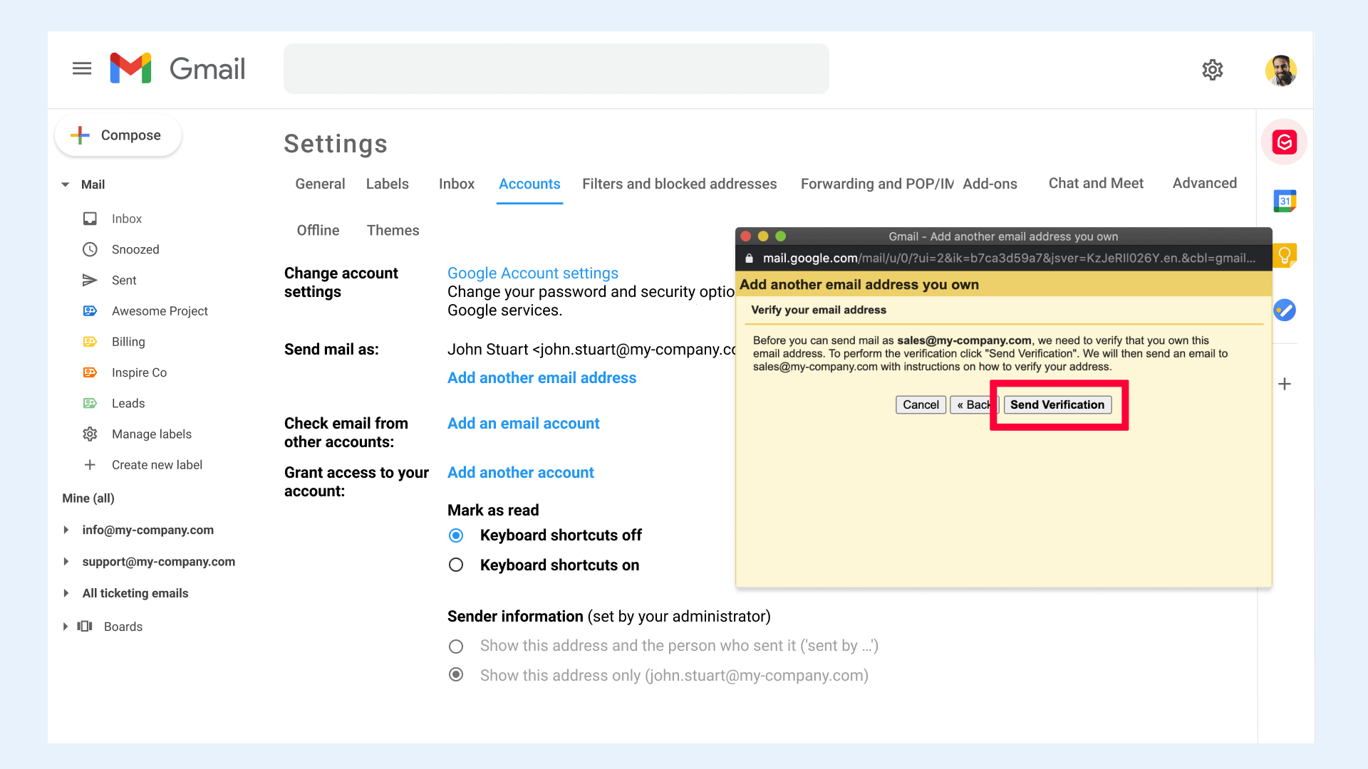 Gmail settings send verifitcation