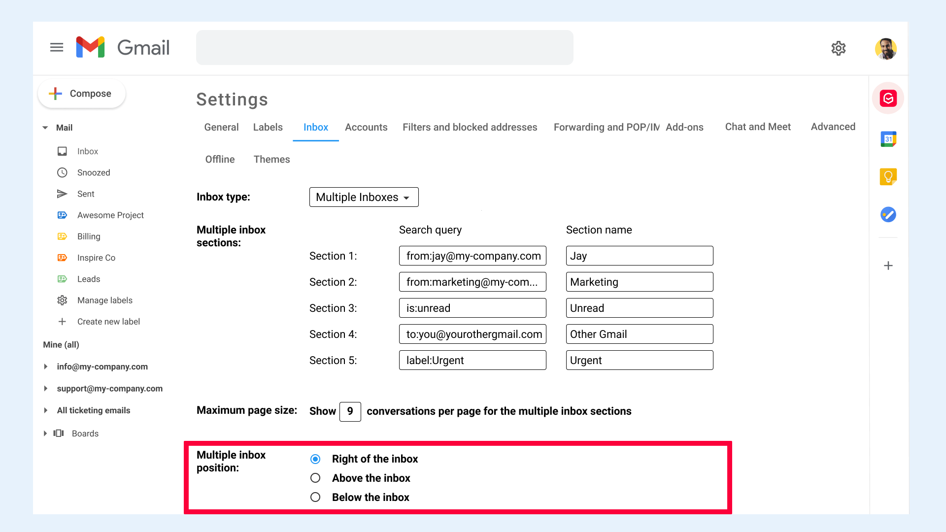 Gmail settings Inbox Multiple Inbox position