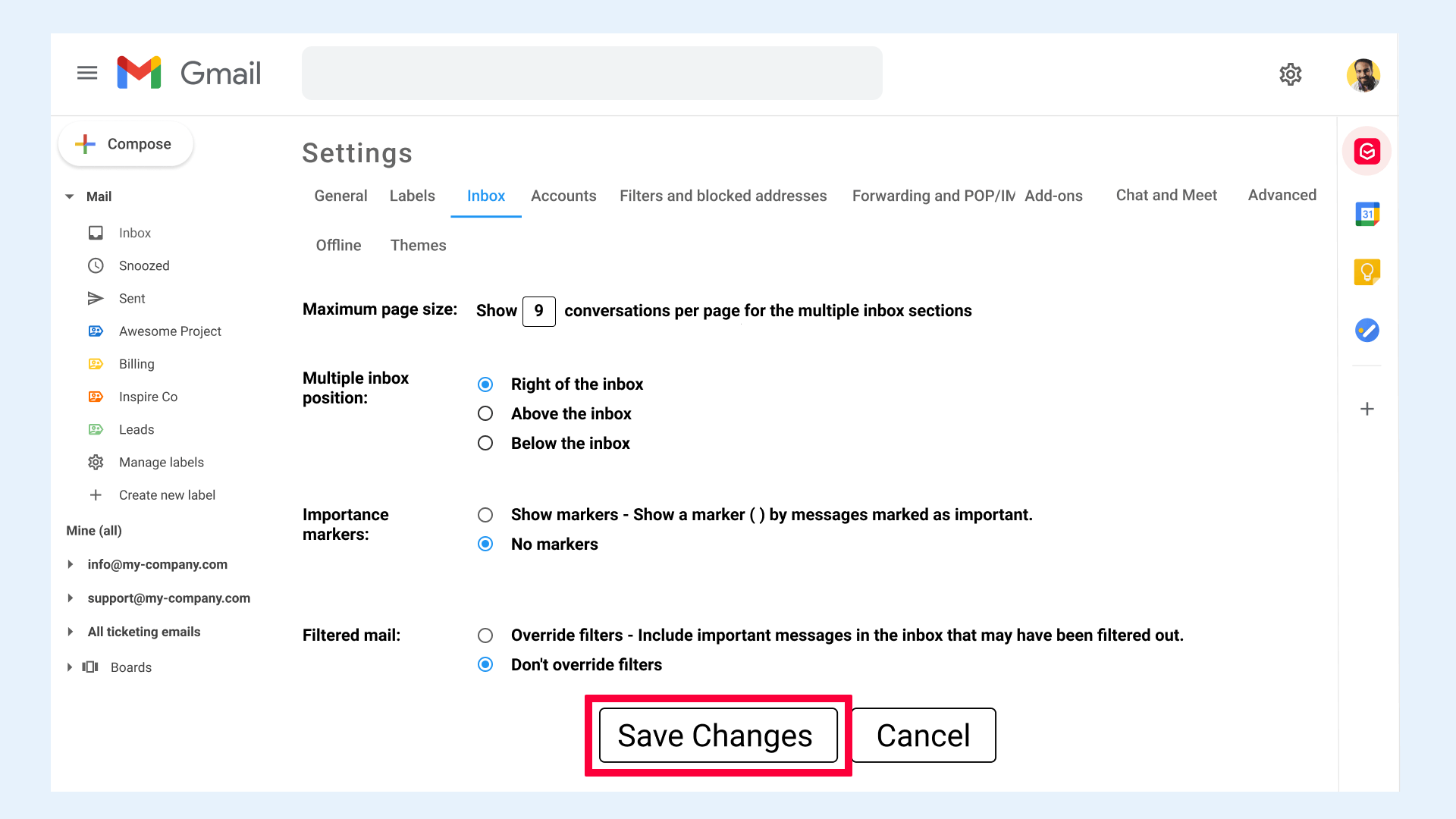 Gmail settings Inbox Save changes