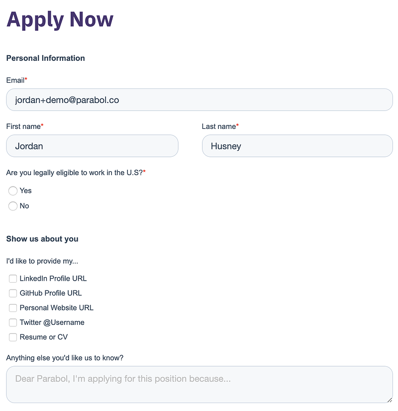a streamlined employee job application form