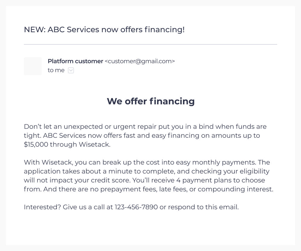 Email announcing financing