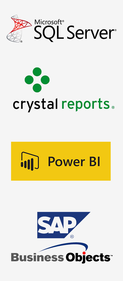 Logos of Microsoft SQL Server, Crystal Reports, Power BI and SAP. 