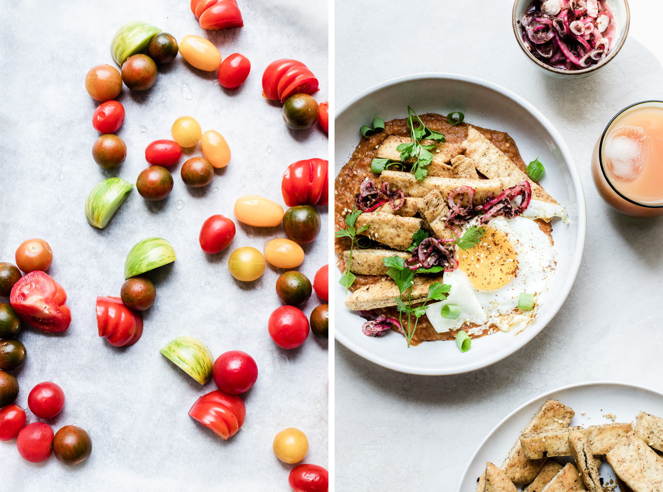 Dual image: assorted heirloom cherry tomatoes on the left, a bowl of eggplant pitaquiles with sumac onions on the right