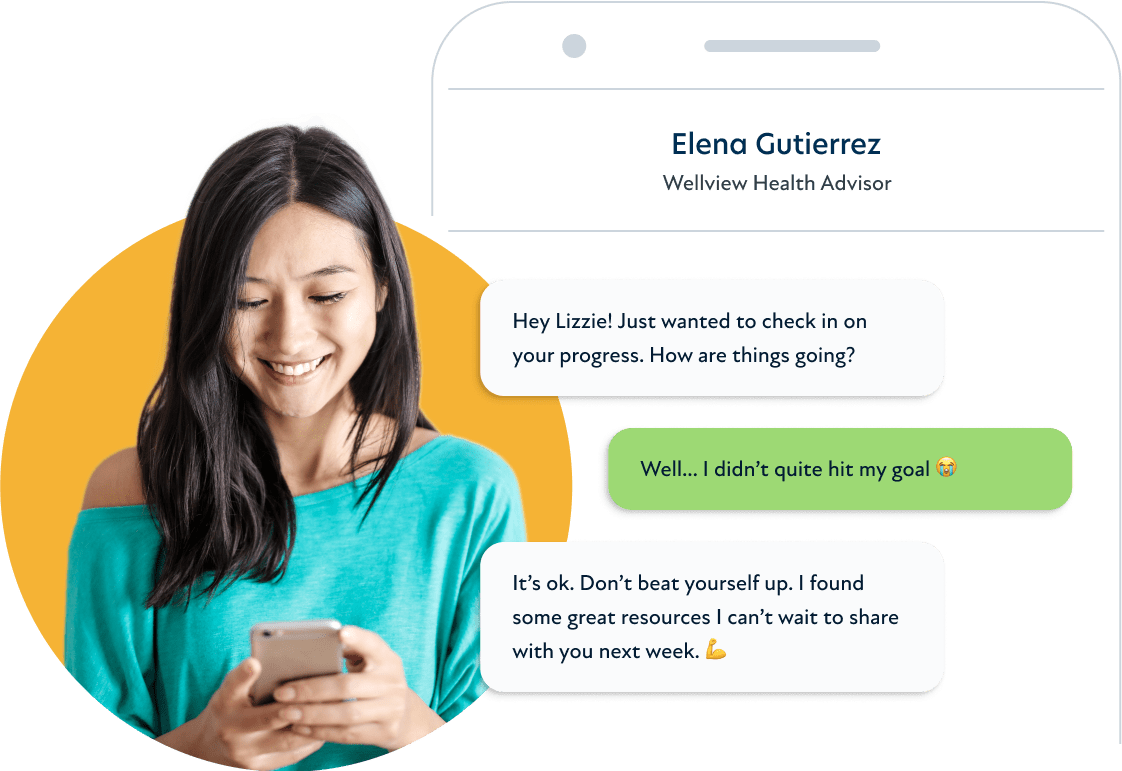 A composite of a young woman looking at her phone and a mock smart phone chat on her right showing a conversation between the woman and her health advisor.