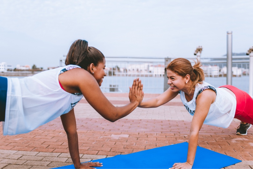 Friends doing yoga.