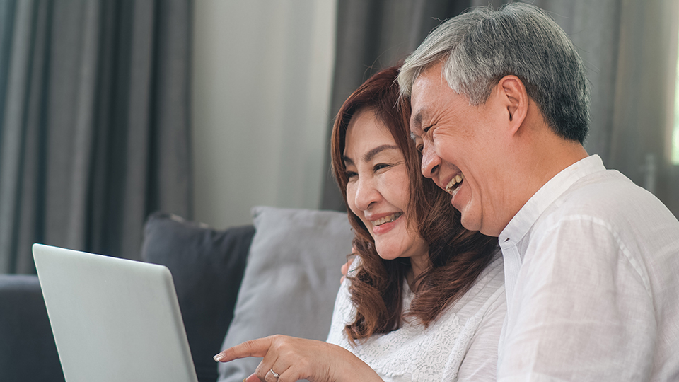 Asian senior couple video call at home. Asian Senior Chinese gra|vitually-connecting