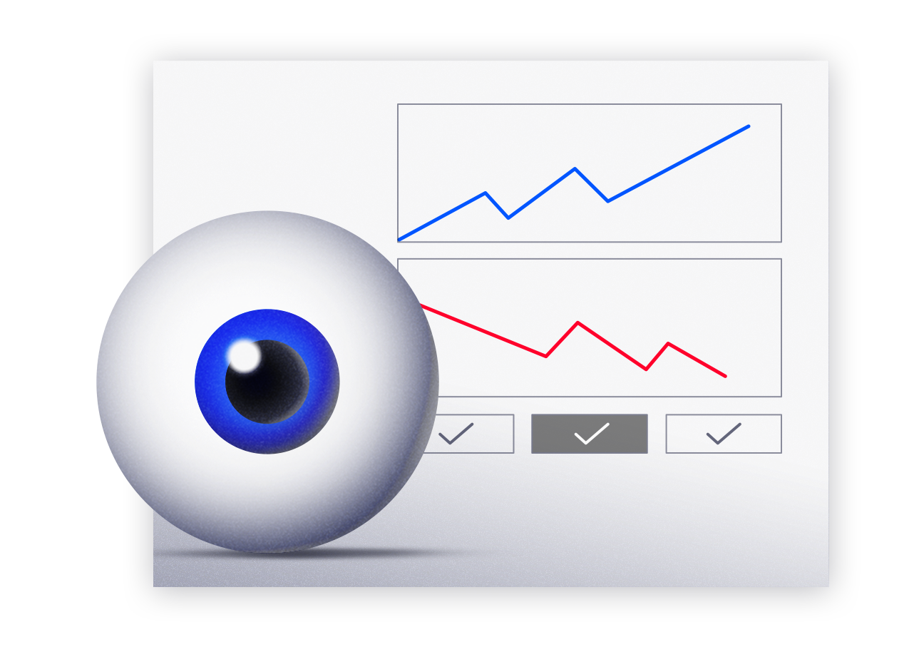 Eyeball stares at the viewer with graphs and charts.