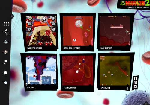 Startscreen mit den sechs Spielen von Re-Mission 2