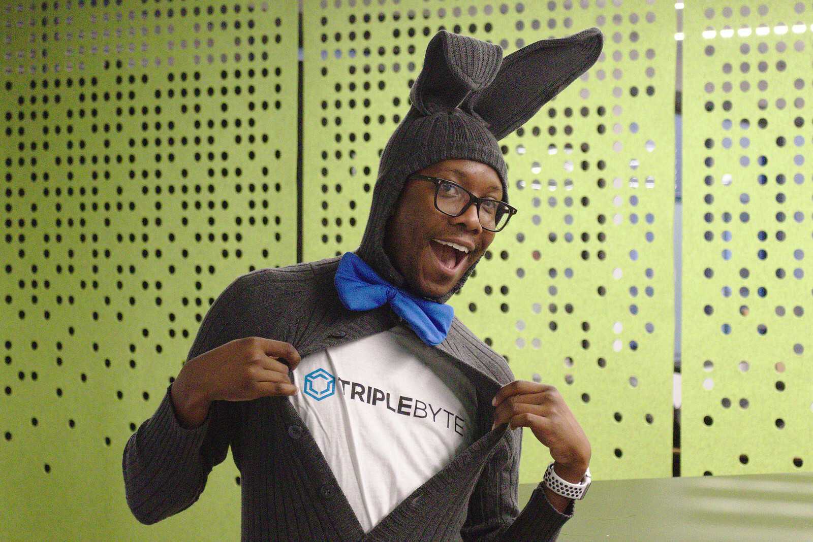 Larry, our psychometrics expert, wearing a bunny suit and smiling for the camera.