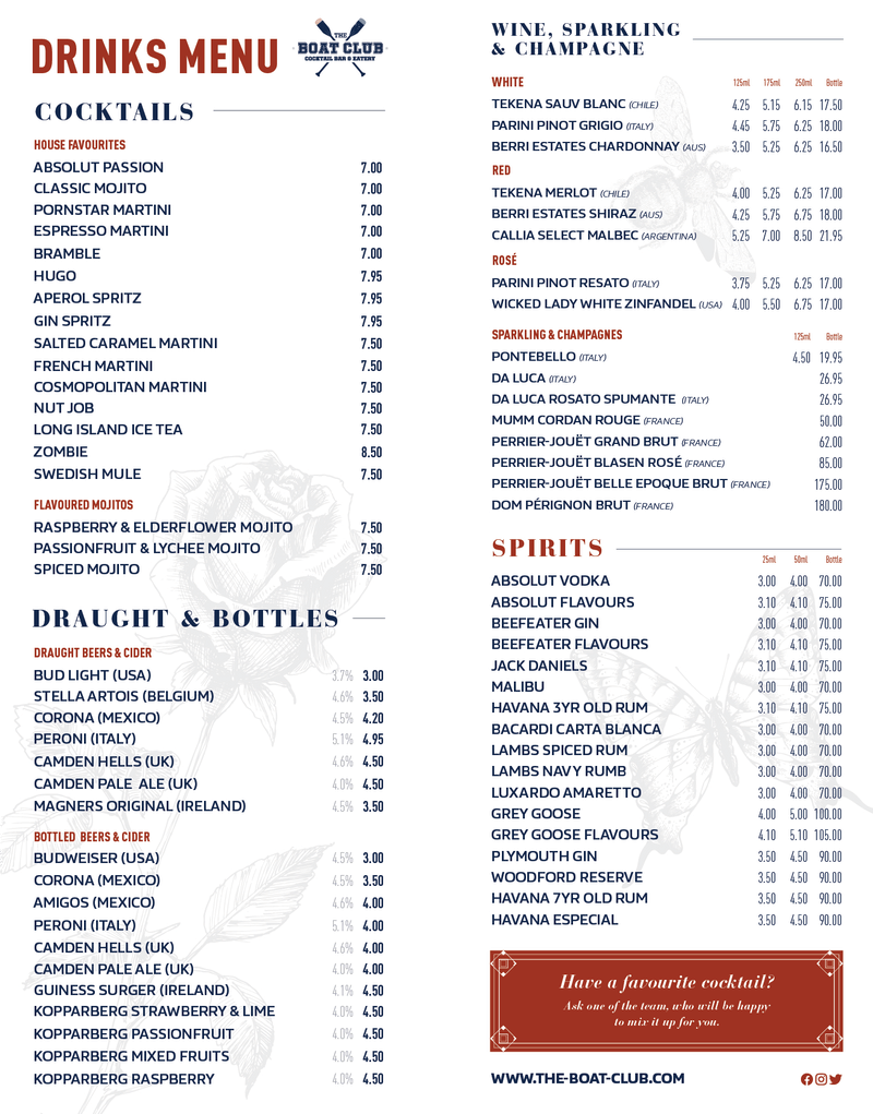 View Menus The Boat Club, Durham Cocktail Bar & Restaurant