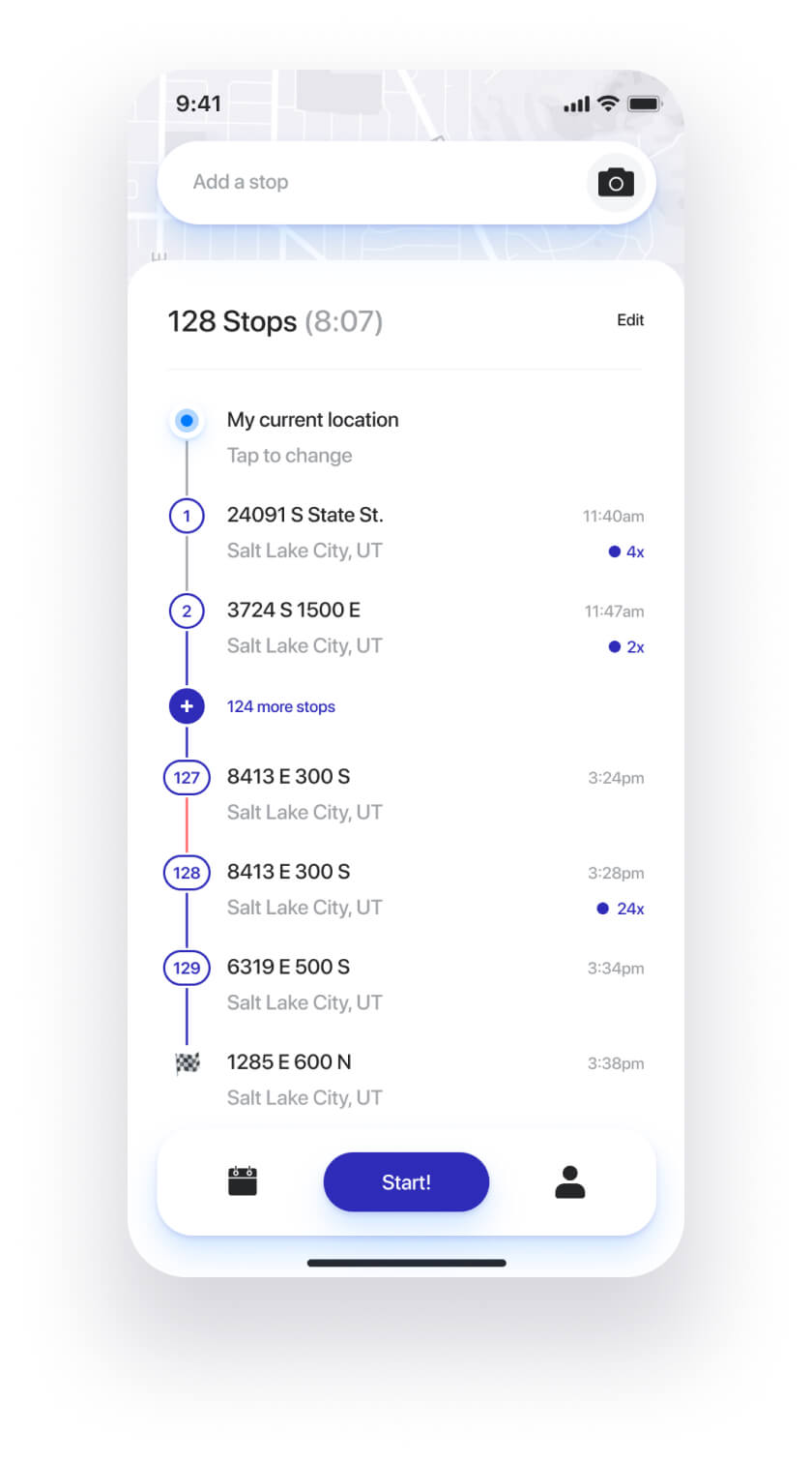 Straightaway route planner app - optimized order of stops view.