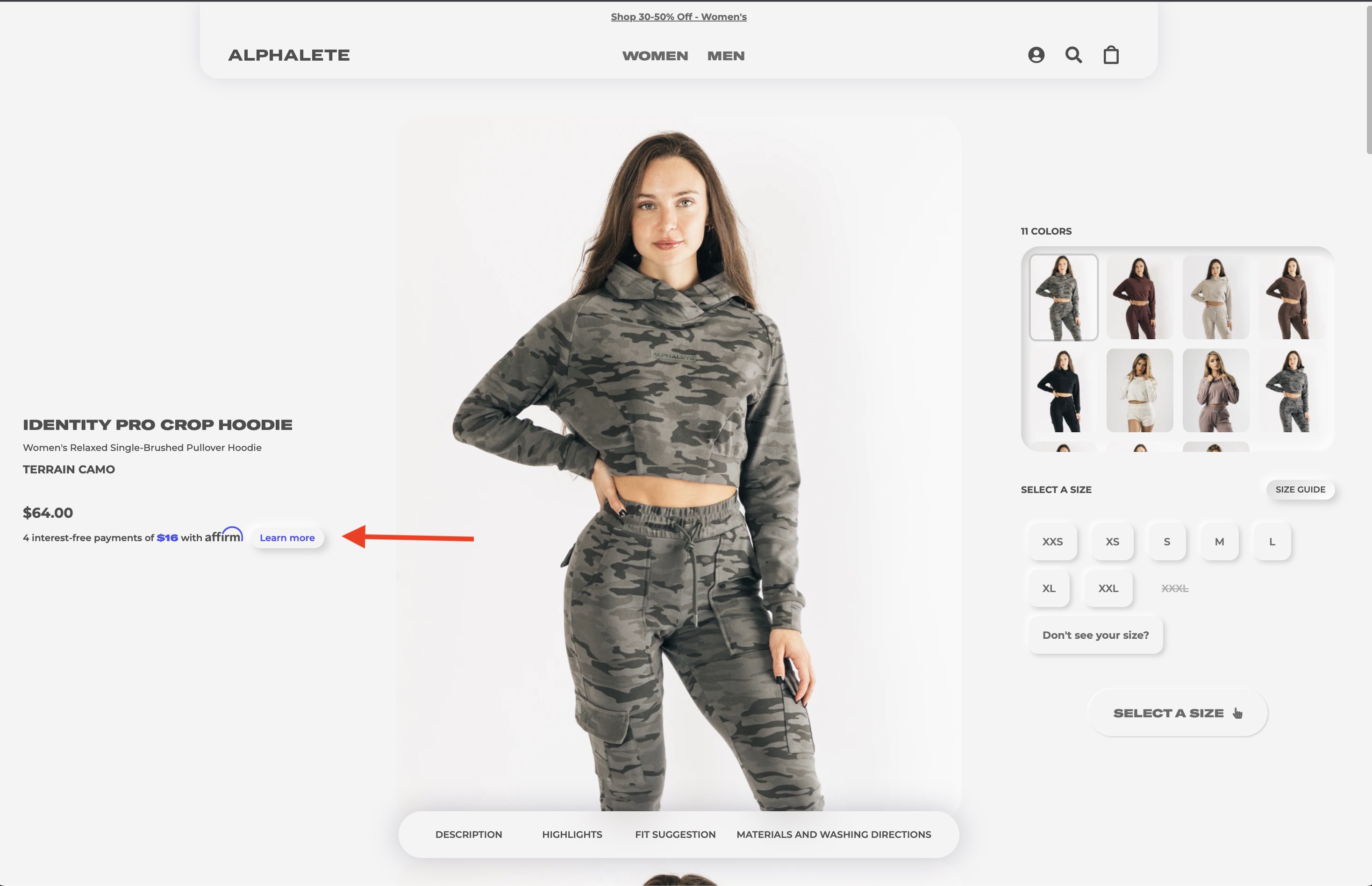 screenshot of alphalete offering affirm to allow customers to pay in 4 parts