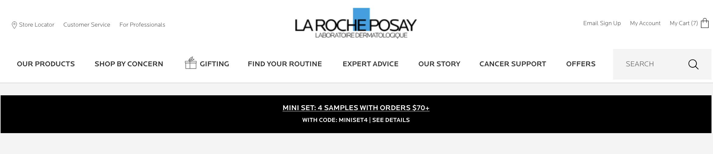 screenshot of laroche posay's top menu, which includes the offer "mini set: 4 samples with orders $70+"