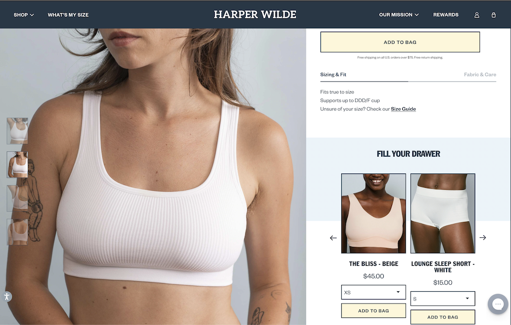 screenshot of harper wilde offering cross-sells in the bottom-right of their PDP ("fill your drawer")