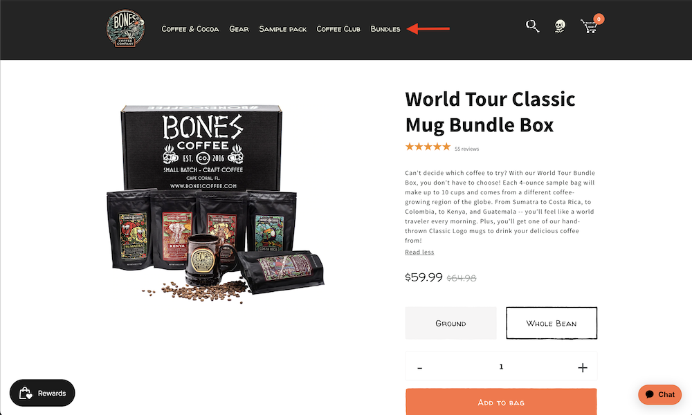 screenshot of bone's coffee "world tour classic mug bundle bog" PDP and an arrow pointing at where to navigate to bundles on their website (at the top)