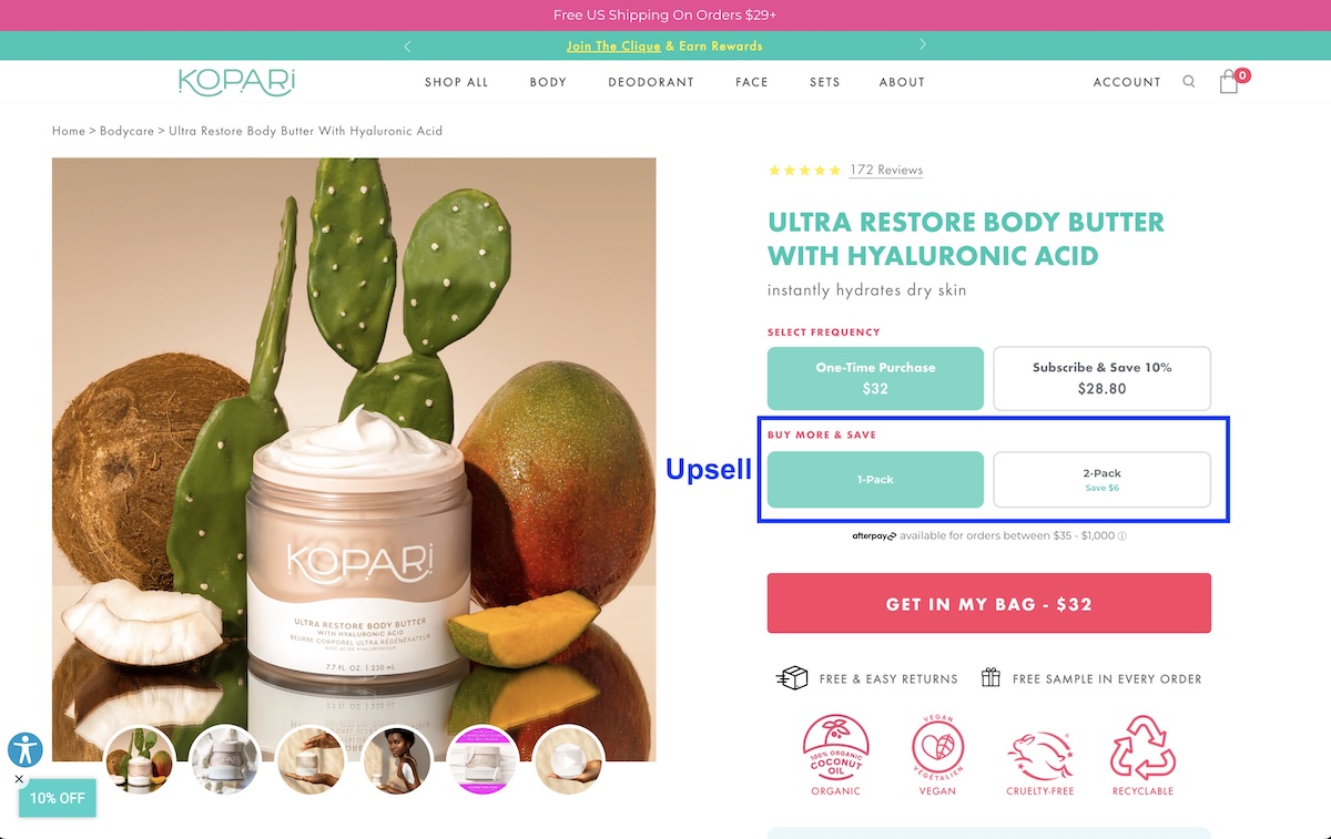 screenshot of one of Kopari Beauty's PDPs and an example of an upsell offer via "buy more and save" - customers can choose a 2-pack instead of a 1-pack