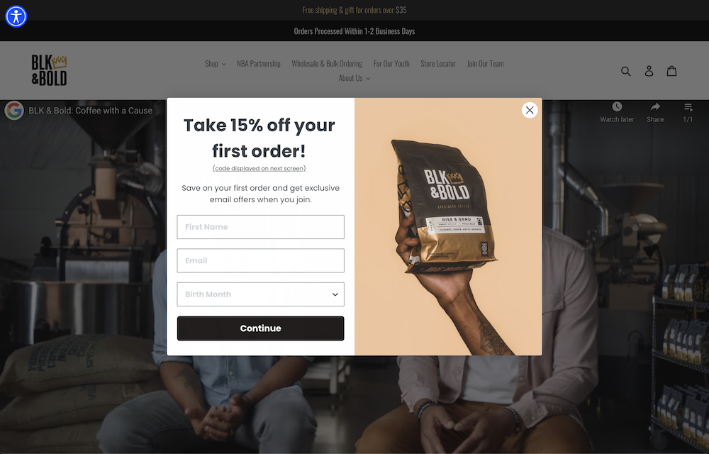 screenshot of blk&bold's coupon discount pop-up