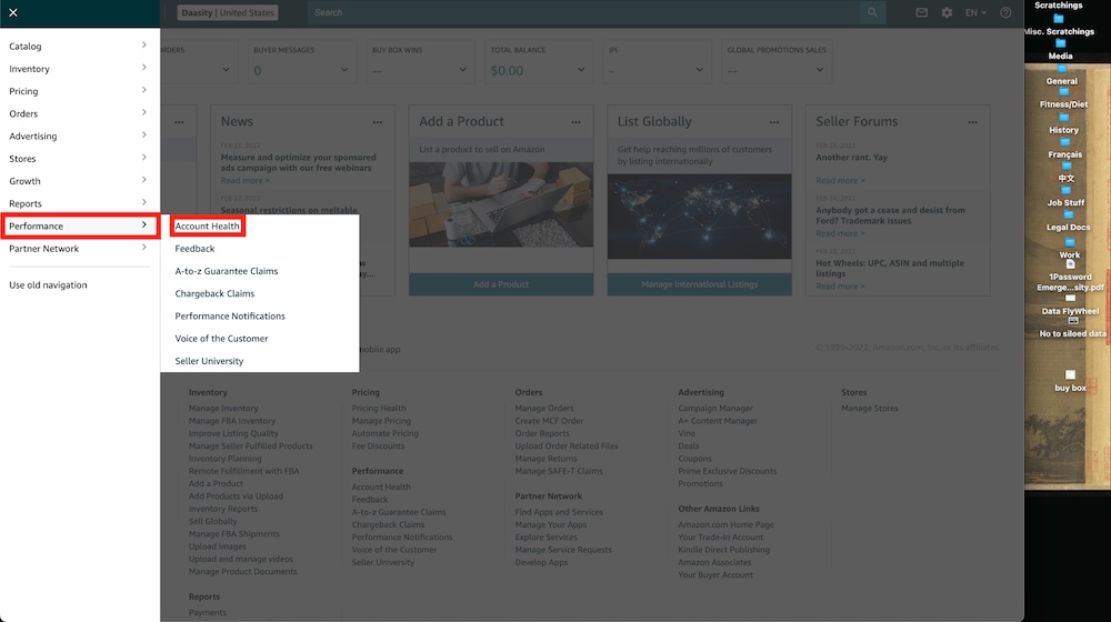 screenshot navigating to account health in amazon seller central