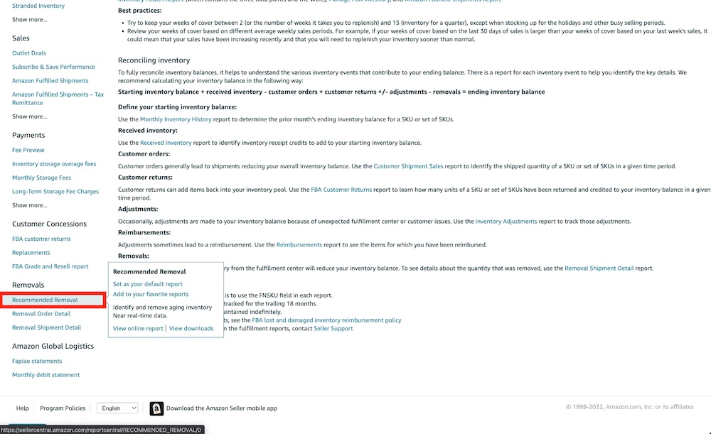 a view of amazon reports showing the recommended removal report