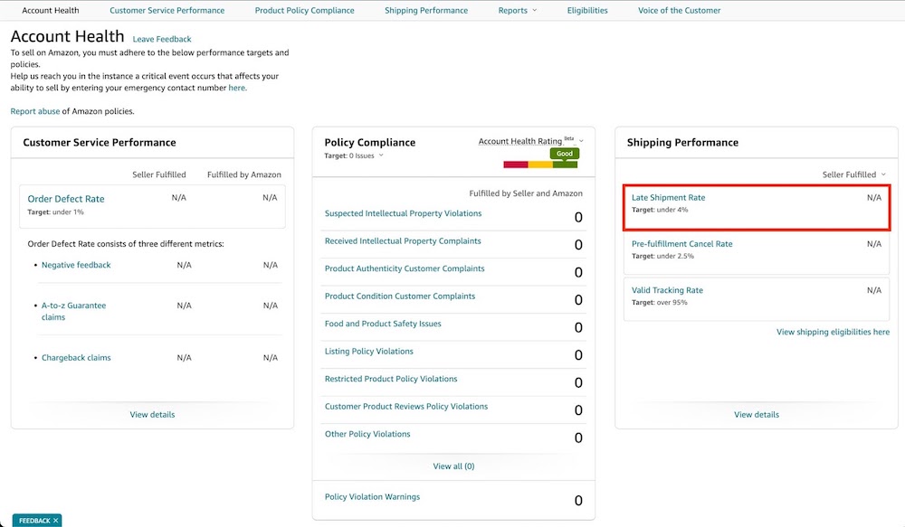 a view of account health in amazon seller central showing late shipment rate