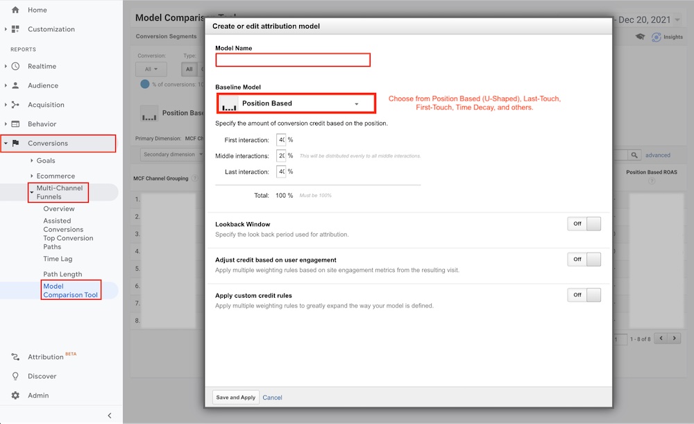 screenshot showing where to set up attribution models in google analytics