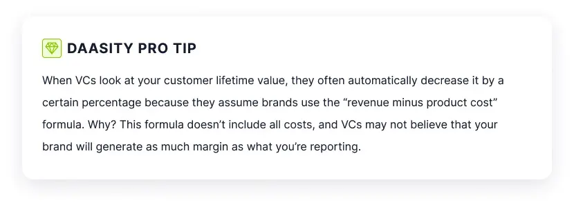 When VCs look at your customer lifetime value, they automatically decrease it by a certain percentage because they assume brands use the "revenue minus product cost formula."