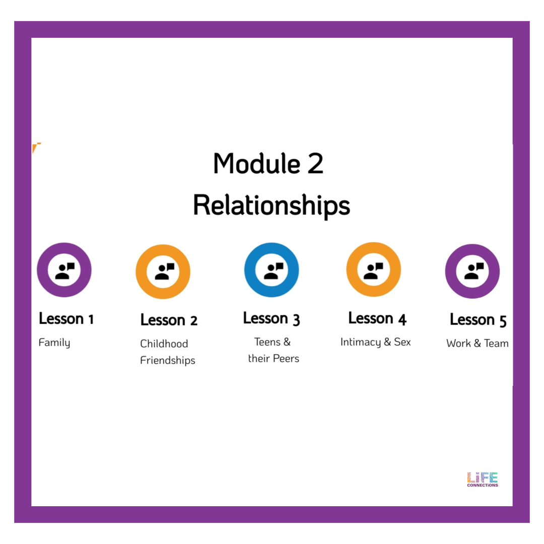 Description of module 2 about the 5 types of Relationships discussed in the Life Connections RSE e-learning resource for parents and guardians of 10 to 12 year old children in Ireland