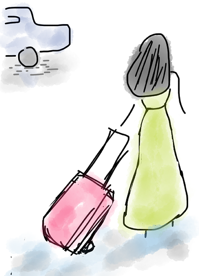 cartoon image of a woman pulling a travel suitcase