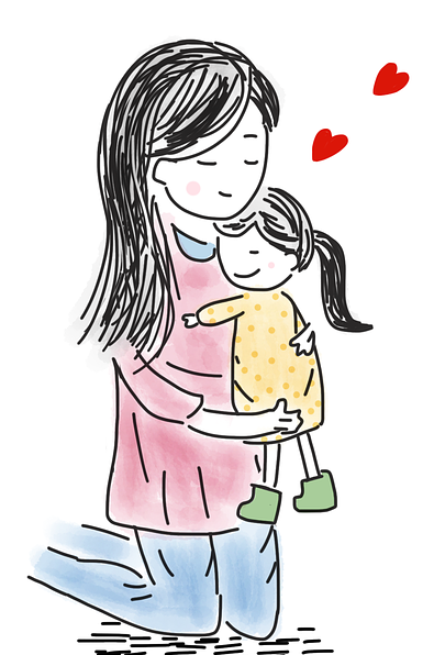 cartoon image of woman kneeling and hugging a little girl