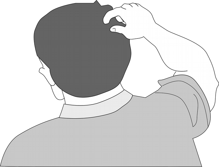graphic black and white drawing of a man scratching his head