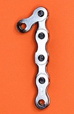 Number 1 formed from bicycle chain links on orange background.