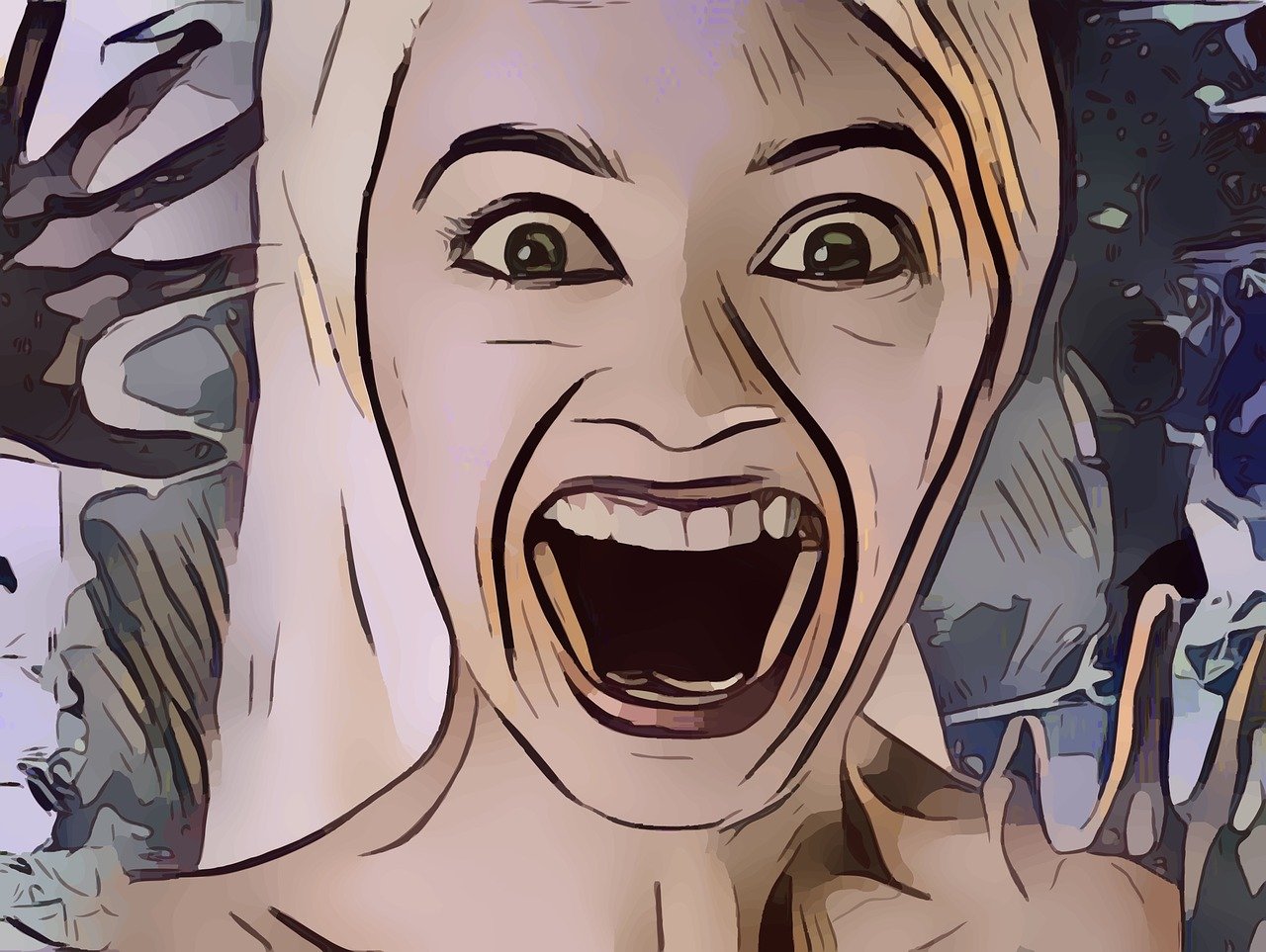 graphic novel style cartoon of woman appearing to scream with wide open mouth and startled eyes.