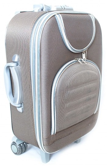 grey white and blue rolling suitcase.