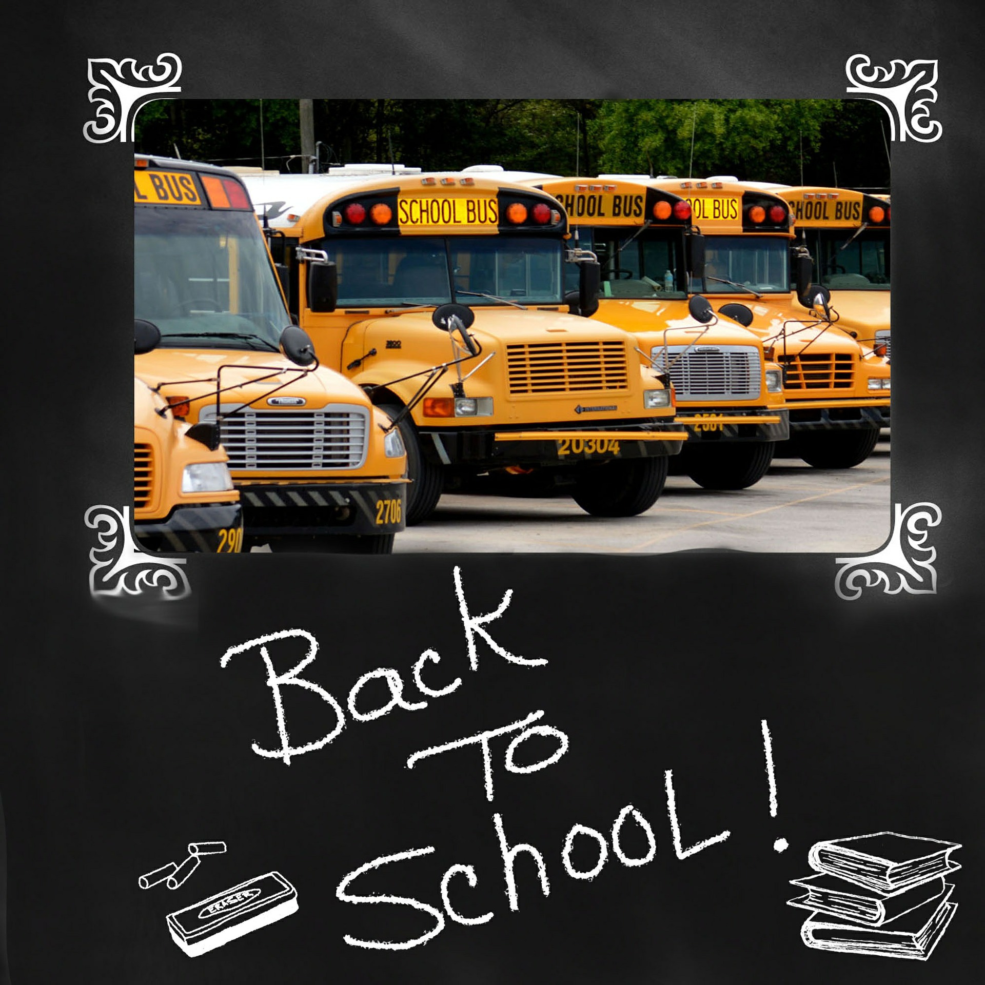 back-to-school-school buses in a chalk board frame