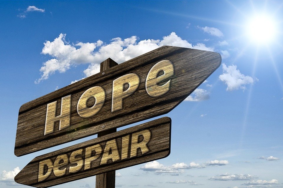 road signs pointing opposite directions, prominent HOPE to right smaller DESPAIR to left