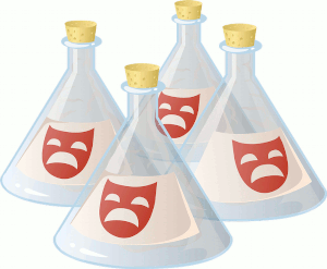 cartoon graphic of stoppered triangular chemical bottles with frown icons.