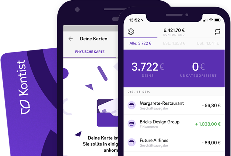 Illustration virtuelle Kreditkarte und Kontostand mit Kontist App