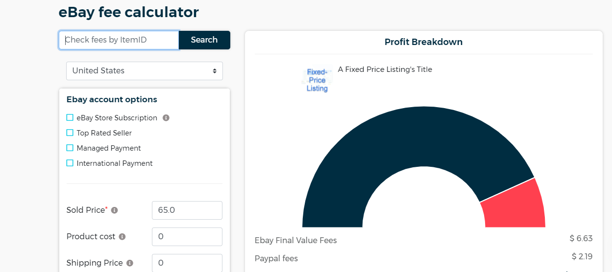 Screenshot of zik analytics ebay fee calculator