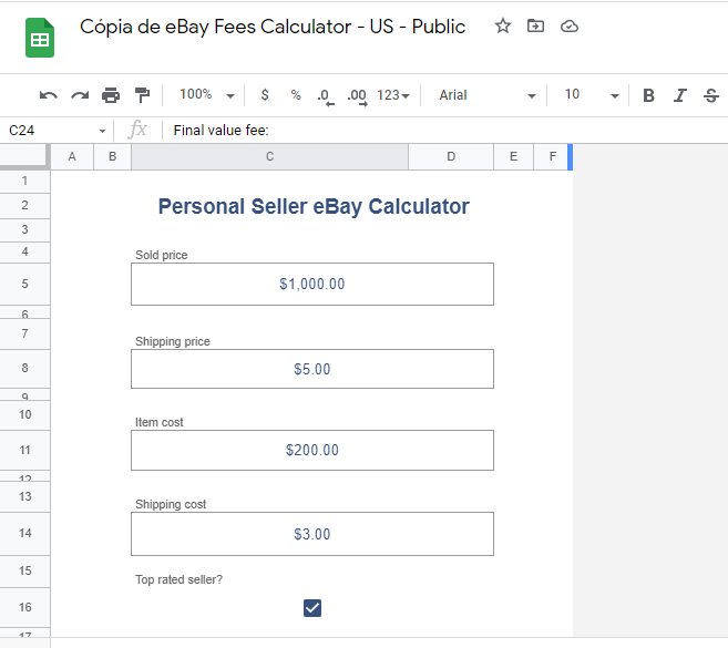 eBay fees calculator screenshot of google sheets