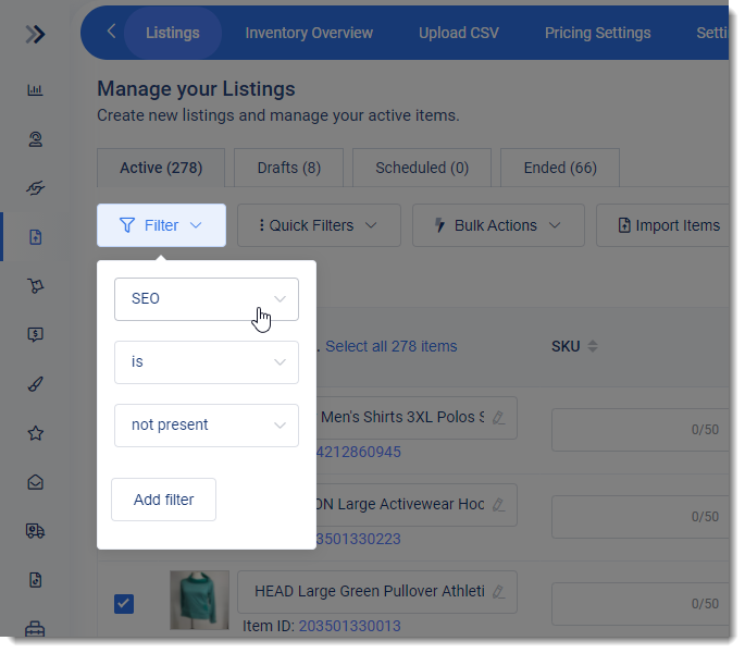 Screenshot of SEO filter on 3Dsellers eBay Listings Manager