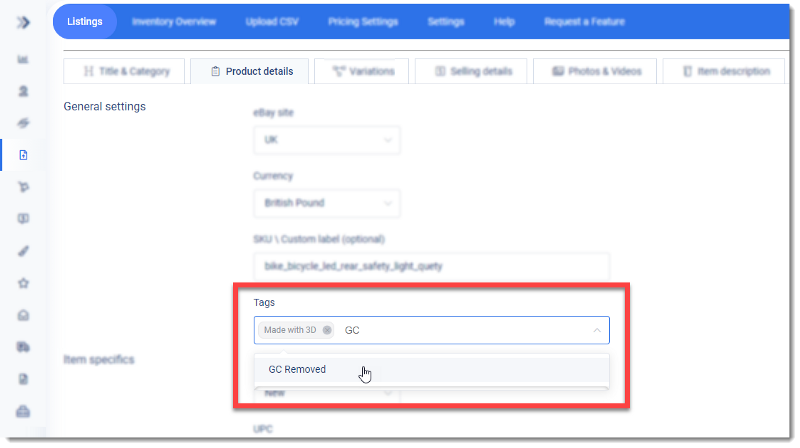 eBay Listings Editor Tags Setting on the 3Dsellers selling tools platform