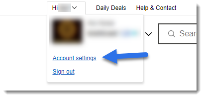 screenshot of ebay header name menu account settings link
