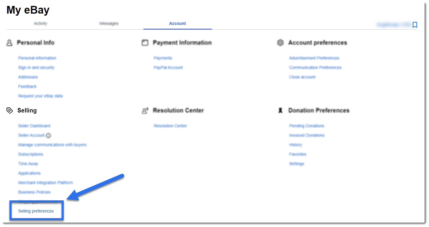 screenshot of ebay account settings, arrow to selling preferences in selling section