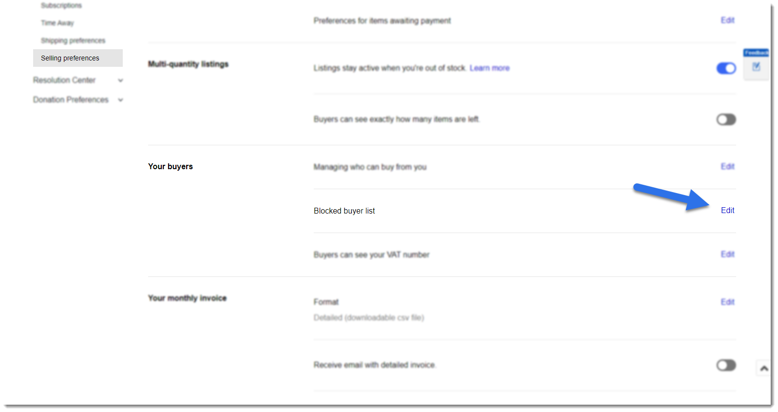 screenshot of eBay selling preferences settings at your buyers with arrow pointing to edit